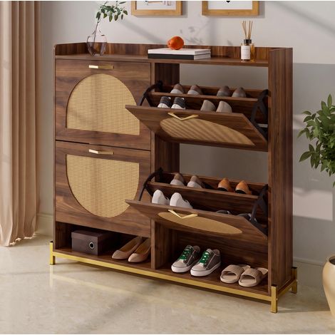 Scarpiera 108,5x24x100 cm in MDF noce, 4 ante a ribalta, salvaspazio – MEUBLIV (1/5)