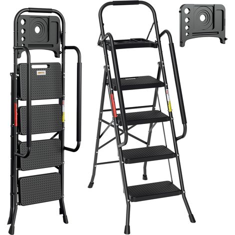 SWANEW Escalera plegable de 4 peldaños con pedal antideslizante y reposabrazos extraíbles de acero hasta 150 kg. (1/5)