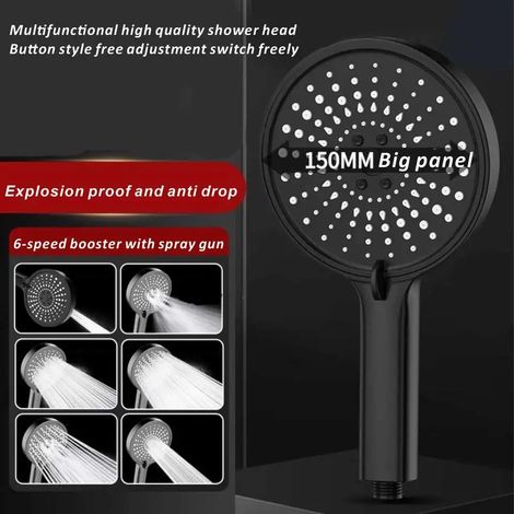 (Noir-B) Nouveau pommeau de douche massant spa à grand panneau de 15 cm, 7 modes, douche pluie haute pression, arrêt facile, douchette à main (1/5)
