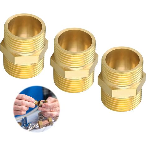 3 Pièces Double Filetage Extérieur en Laiton, 3/8" Laiton Mâle Hex Mamelon Raccord Double Mâle Joint de Tuyau Fileté Mamelon de Connexion avec Hexagone pour Raccord de Tuyau (1/5)
