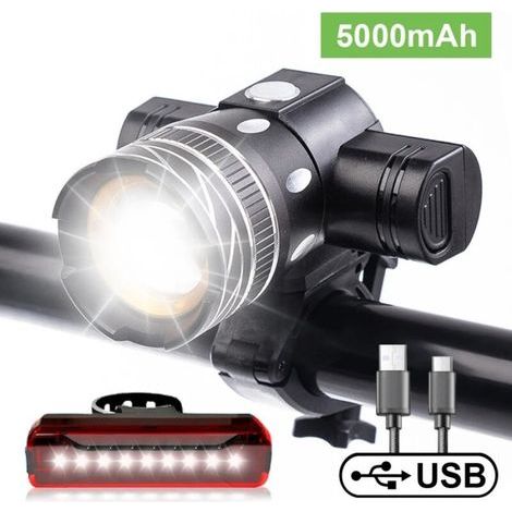 Feu de vélo 5000 lumens, rechargeable, étanche, lampe LED haute luminosité (6 heures d'autonomie), idéal pour la pratique du cyclisme sur route, en montagne et en ville, avec 3 modes de fonctionnement (1/5)
