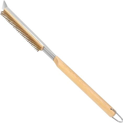 Brosse Four a Pizza 53,3 cm avec grattoir INOX, Poils en Laiton et poignée Bois, Accessoire Pizza avec Anneau de Suspension pour Four extérieur et Barbecue (1/5)