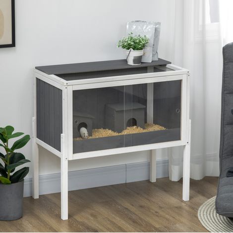 Gabbia per criceti in legno 82 x 45 x 81 cm con 2 casette e accessori, grigio HAVRYA (1/3)