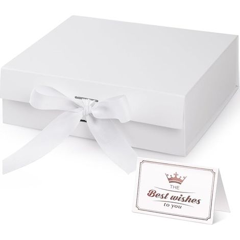 Coffret cadeau avec couvercle 22x17x8.5cm, coffret cadeau pliable avec couvercle d'aspiration magnétique et ruban pour mariage, anniversaire, Saint Valentin, Noël - blanc (1/4)