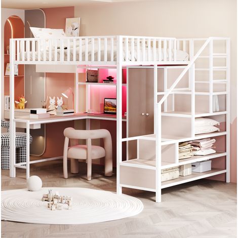 Hochbett Bett 140x200 mit Schreibtisch Metall Weiß OKMYHOME (1/5)
