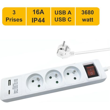 Multiprise 3 prise avec interrupteur + 1xUSB A - 1xUSB C -1,5M - garantie 2 ans