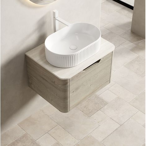 CHICFURN Mueble de baño suspendido 60 cm cerámica blanca y piedra sinterizada beige con cajón (1/5)