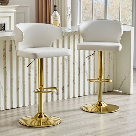Taburetes de bar con respaldo, set de 2, altura regulable, giratorios 360°, blancos HAVRYA (1/5)