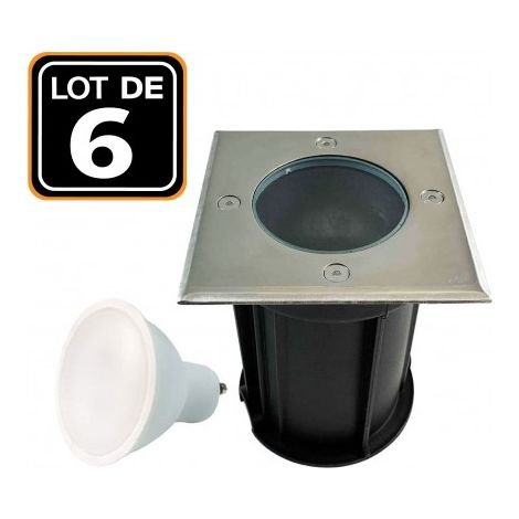 6 spots encastrés au sol carrés EUROPALAMP acier inox 304 IP65 GU10 5W 4500K blanc neutre (1/5)