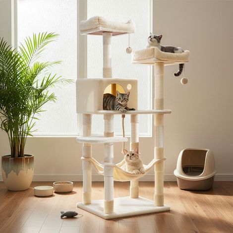 Arbre à Chat 141.8 cm, Tissu Peluche, 11 Poteaux à Griffer, 2 Pompons, 2 Plateformes, 1 Hamac,1 Niche, Beige