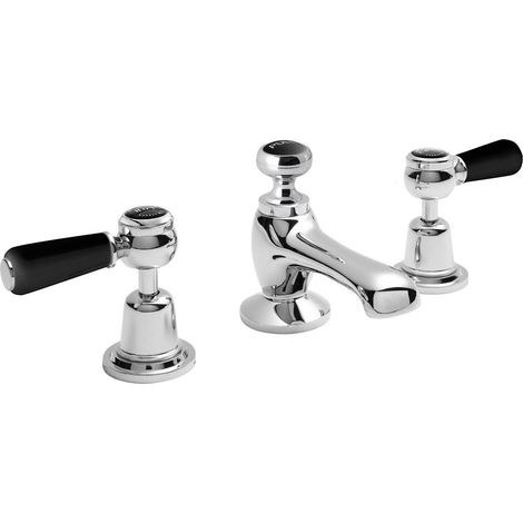 Hudson Reed Topaz Black Lever 3-Hole Basin Mixer Tap with Pop Up Waste Dome Collar (1/2)