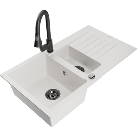Mexen Matias lavello in granito 1,5 vasche con gocciolatoio e rubinetto da cucina Elia, bianco - 6502-20-670101-70 (1/5)