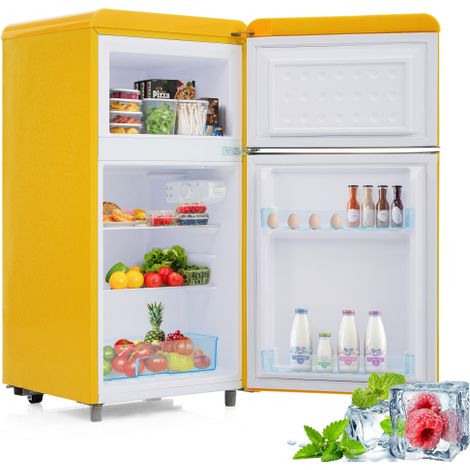 Retro Kühlschrank Gelb 72L, Kühl-Gefrierkombination Klein Freistehend, Doppeltür Mini Kühlschrank mit Gefrierfach, 91 cm Hoch, Leise 39dB