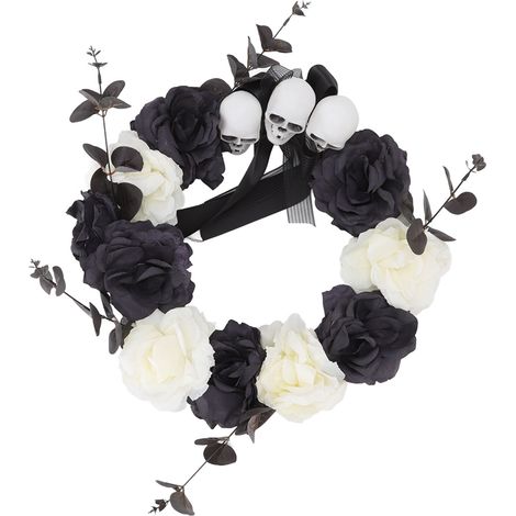 Couronne d'Halloween noire et blanche avec rose artificielle et crâne, décoration effrayante pour une fête de porte d'entrée (1/5)