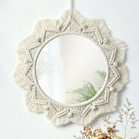 Mirror Art Decor Macrame Fringe Decorative Round Mirrors Ornament for Mural Apartment Home Bedroom Living Room Decor