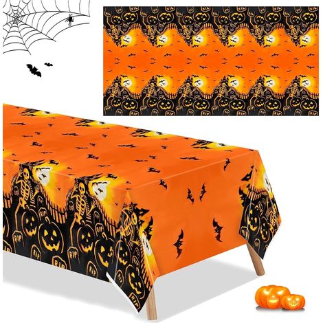 Nappe d'halloween, Lot de 2 Nappes Citrouille Orange Imperméables, Nappe Décoration Squelette Effrayant pour Halloween Fêtes Décor de Salle à Mange (1/5)