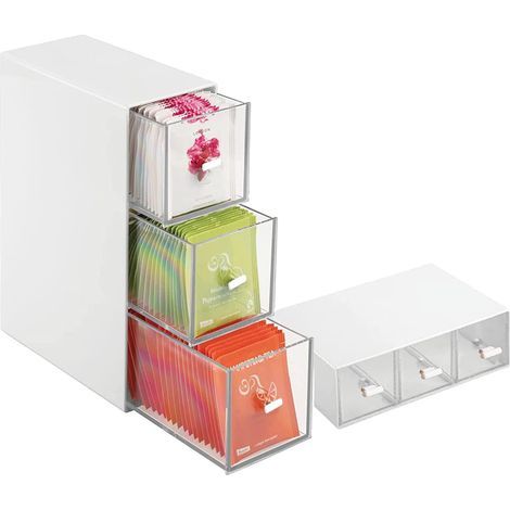 Boîte à Thé Avec 3 Tiroirs, Rangement Cuisine en Plastique, Pour Sachets de Thé, Tisane, Infusion, Café, Maquillage (1/4)