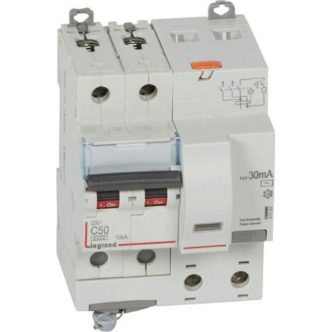 Disjoncteur différentiel monobloc DX³6000 10kA arrivée haute et départ bas à vis 2P 230V à 400V - 50A - typeAC 30mA - LEGRAND