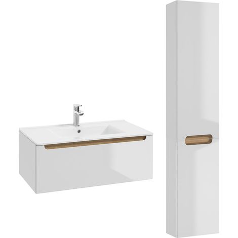 Ensemble meuble simple vasque encastrée 80cm 1 tiroir et colonne Livia Blanc et Bois (1/5)