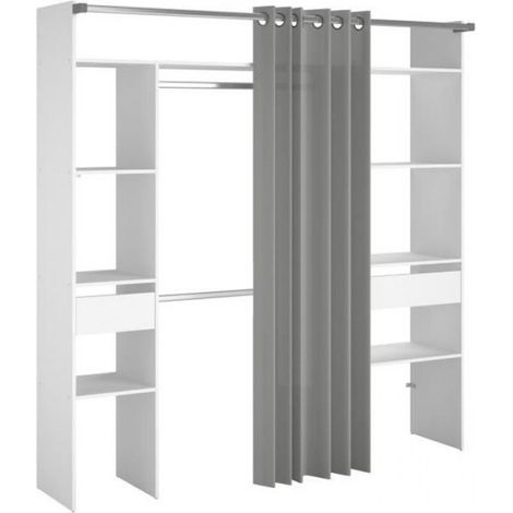 Kit dressing ARTIC avec rideau – Décor blanc – 2 colonnes, 2 penderies, 2 tiroirs – Dimensions L 198 x P 40 x H 203 cm – Fabrication française – Ekipa (1/4)
