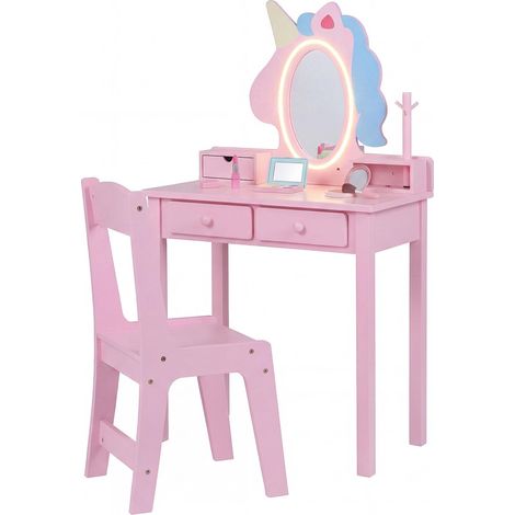 COSTWAY Toeletta Trucco per Bambini a Unicorno con Specchio Ovale, Rosa (1/5)