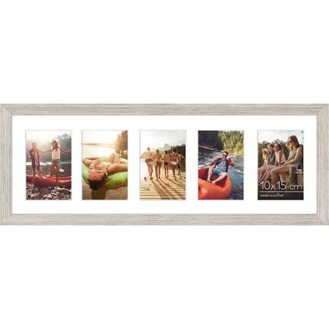 Cadre Photo 10x15 cm Bois Flotté - Cadre Pêle-Mêle 20x61 cm sans Passe-Partout ou avec Passe-Partout pour Cinq Photos 15x10 cm avec Verre Résistant aux Chocs (1/5)