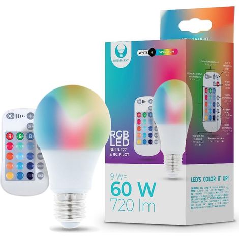 Ampoule LED, culot E27, 9W, 60W, 720lm, RGB, télécommande, pour usage résidentiel, commercial ou remplacement des sources lumineuses conventionnelles.-AquaForge (1/3)