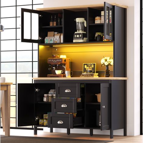 Buffet haut MDF noir avec poignées métal, LED USB, 4 portes, 3 tiroirs et niche ouverte, 120 x 40 x 179 cm (1/5)