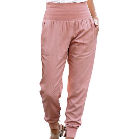 Pantalon de jogging en satin pour femme, taille haute élastique, plusieurs poches, coupe fuselée, rose, taille S (1/5)