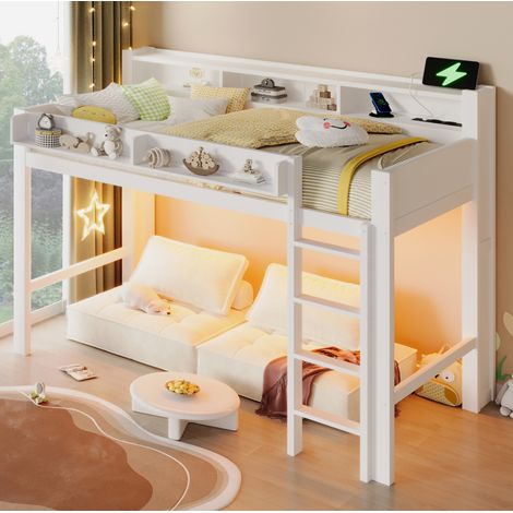 Bett Hochbett modern aus Holz Weiß 90x200 cm mit Schreibtisch, 3 Schränken, LED, USB und Lattenrost