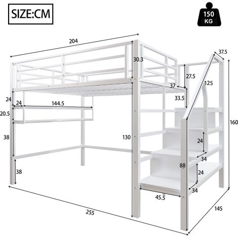 Letto a Soppalco Letto Matrimoniale con Scaffali, Scala Contenitore e Sponda 140×200 cm, senza Materasso, Bianco (1/4)