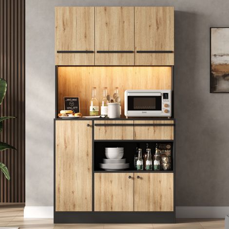 Küchenschrank,HochschrankmitLED-Beleuchtung,Vorratsschrankmit2SchubladenundhöhenverstellbarenEinlegeböden,VitrinenschrankfürWohnzimmerundEsszimmer,100×40×180cm (1/5)