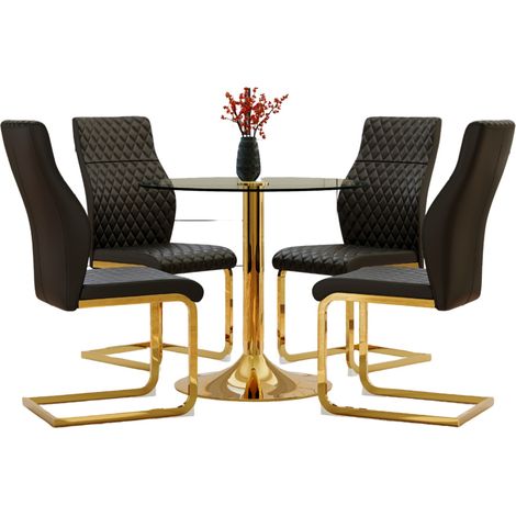 Table et chaises salle à manger rondes 85 cm en verre trempé transparent et métal doré, 4 chaises noires en cuir régénéré, style moderne chic – CHICFURN (1/5)