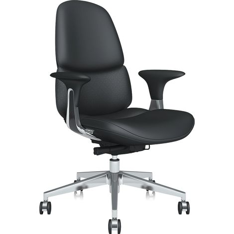 Chaise de bureau en cuir noir, réglable avec inclinaison verrouillable, vérin à gaz, base 5 branches en aluminium et roulettes silencieuses, supporte jusqu'à 136 kg – CHICFURN (1/5)