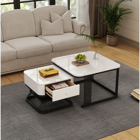 Table basse 2 pièces 70x70x45 cm en MDF blanc et noir, avec rangement pour salon FloraGrace (1/5)