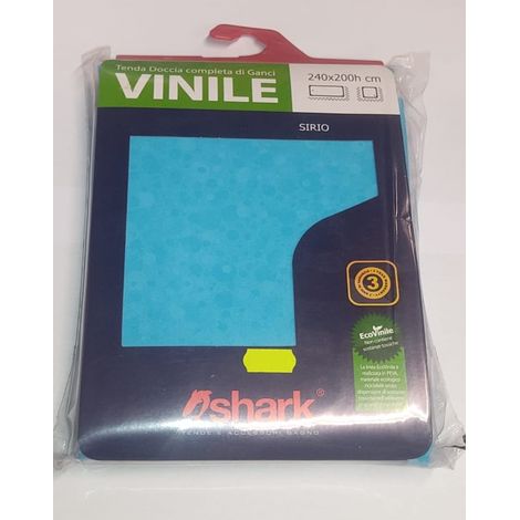 SHARK - TENDA DA DOCCIA COMPLETA DI GANCI IN VINILE LINEA SIRIO 240x200h cm - COLORE AZZURRO