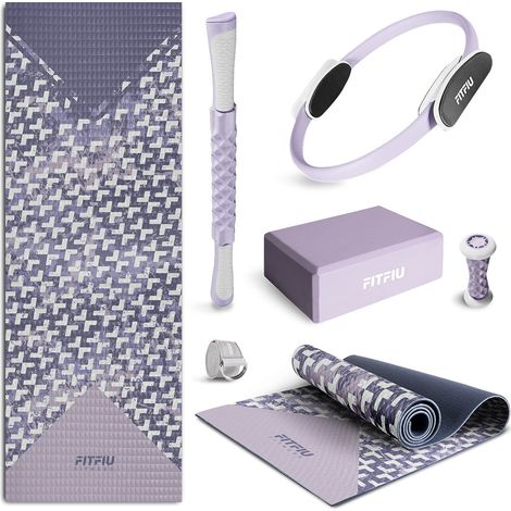 Fitfiu Fitness – Kit de 6 accessoires de yoga et pilates – Tapis 5mm, brique, anneau, rouleau massage, sangle – Motif géométrique lilas (1/5)