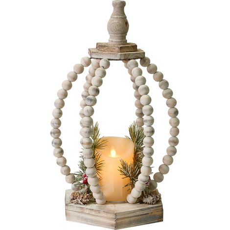 Beliani Christmas Decoration LED Light Brown Fir Wood Handmade Lantern Painted, Does Not Require Assembly, 23 x 23 x 40 cm PAJARVI