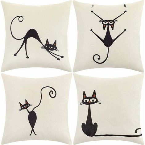Housses de coussin 45x45cm, un ensemble de 4 housses de coussin décoratives, adaptées aux canapés et fauteuils (motif chat, matière coton et lin). (1/4)
