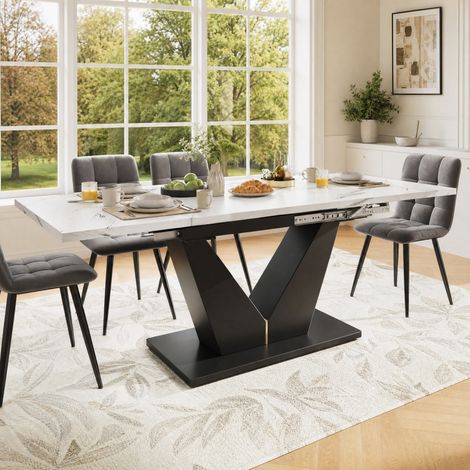 Mesa extensible 99-159 x 75 cm, MDF efecto mármol, patas en V, blanco/negro HAVRYA (1/5)