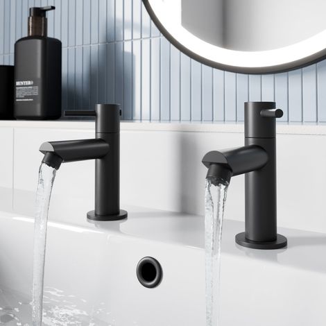 Basin Sink Pillar Tap Pair Round Single Lever Taps Matt Black (1/5)