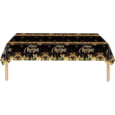 Nappe Saint-Sylvestre 2026 Noir Or 137x274cm PVC avec motif Happy New Year