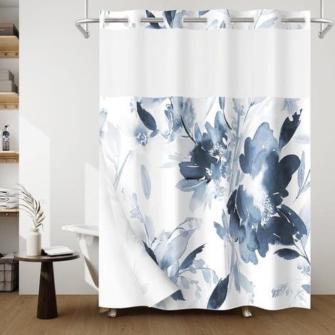 Rideau de douche, tissu imperméable et épais double couche, ensemble rideau de douche pour salle de bain, 71 pouces de large x 74 pouces de haut, à rayures bleues et blanches. (1/4)