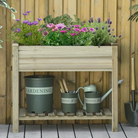 Outsunny Urbaner Gartentisch aus Holz mit Ablage, 91 x 51 x 76 cm, rechteckig, mit Abflusslöchern, für Pflanzen, Garten, Terrasse, Außenbereich, Naturfarbe