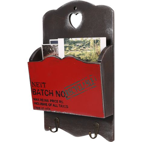 Porte-courrier mural en bois rouge, organiseur de lettres avec crochets, patère décorative pour maison, rangement mural créatif, support à clés et courrier (1/3)