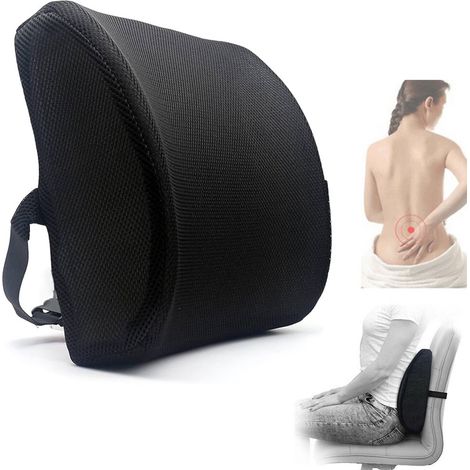 Ergonomisches Rückenkissen - 32 x 34 cm - Mit Gurt - Rückenstütze - Orthopädisches Rückenkissen - Lendenwirbelstütze - Auto-Rückenstütze - Geeignet für Bürostuhl, Auto, Bett, Sofa - Schwarz (1/5)