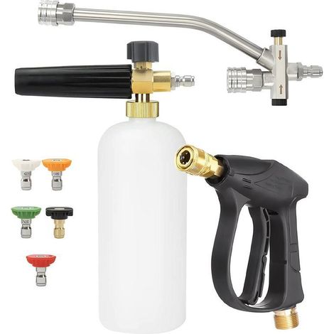 Ensemble canon à mousse PA pour le nettoyage haute pression – Comprend un pistolet pulvérisateur, une lance d'extension avec raccord rapide 1/4" et double sortie, et un ensemble de 5 buses de pulvéris (1/5)