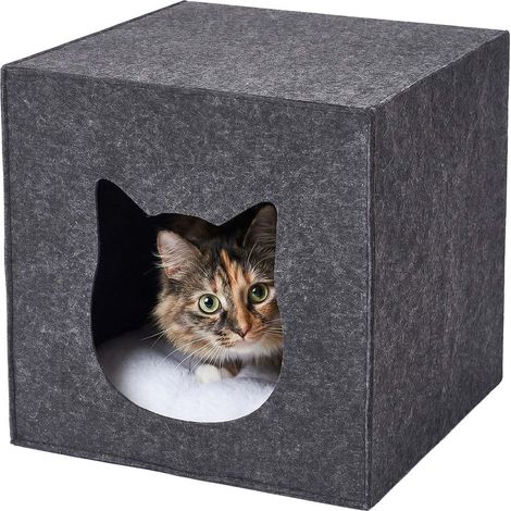 niche pour chat en feutre, H x l x P : 33 x 33 x 37 cm, pour étagères cubes, pliable, avec coussin, gris foncé (1/5)