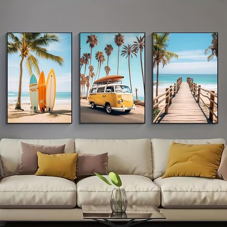 Lot de 3 posters de qualité supérieure - Motif planche de surf - Poster d'été - Impression moderne - Décoration murale pour salon, chambre à coucher - Sans cadre (50 x 70 cm) (1/5)