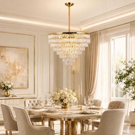 Lustre en cristal élégant – Métal, 3 couleurs d'éclairage dimmables, 7 lampes E14, Ø58 cm pour salle à manger et chambre
